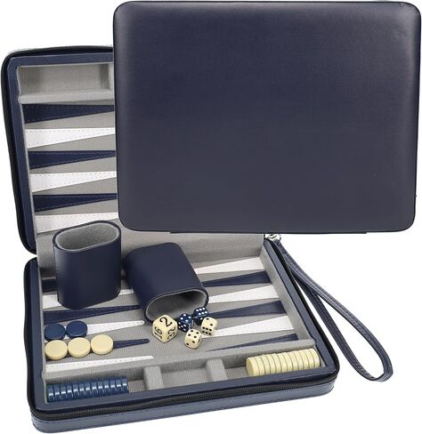 WE Games Backgammon Set, Board Games for Adults - Travel Games - Black with Gray Stripe Magnetic Leatherette Backgammon Board and Carrying Strap - Travel Backgammon Sets for Adults in Kuwait