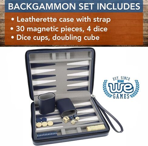 WE Games Backgammon Set, Board Games for Adults - Travel Games - Black with Gray Stripe Magnetic Leatherette Backgammon Board and Carrying Strap - Travel Backgammon Sets for Adults in Kuwait
