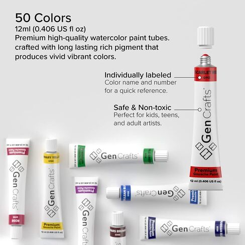 GenCrafts Gouache Paint 50 Colors 12 ml/ 0.406 oz. - Quality Non Toxic Pigment Paints for Canvas, Fabric, Crafts, and More in Kuwait