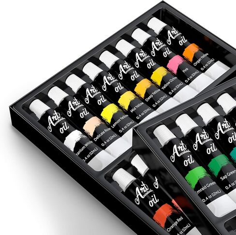 مجموعة طلاء زيتي - مجموعة من 32 لون للفنانين والبالغين والاطفال. مجموعة كاملة من الدهانات الزيتية الغنية بالصبغات. مجموعة لوازم فنية احترافية مع انبوب الوان 12 مل وفرشاة طلاء اضافية:) in Kuwait