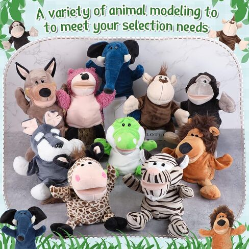 10 قطع من دمى يد الحيوانات من Wettarn مقاس 30.48 سم، دمى قطيفة ناعمة من القطيفة، أسد إنسان الغاب، زرافة، نمر، قرد، خنزير، فيل، دمى يد للأولاد والبنات لسرد القصص، والتدريس، ولعب الأدوار (نمط جميل) in Kuwait
