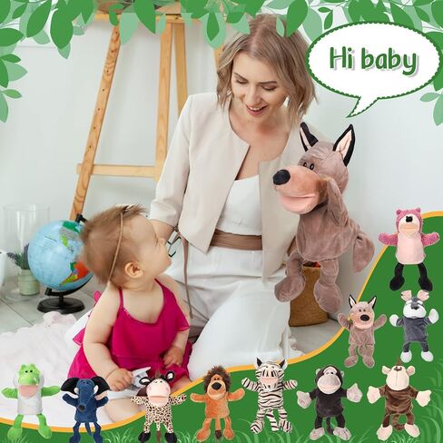 10 قطع من دمى يد الحيوانات من Wettarn مقاس 30.48 سم، دمى قطيفة ناعمة من القطيفة، أسد إنسان الغاب، زرافة، نمر، قرد، خنزير، فيل، دمى يد للأولاد والبنات لسرد القصص، والتدريس، ولعب الأدوار (نمط جميل) in Kuwait