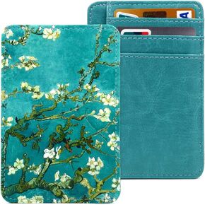 kandouren Slim RFID Blocking Leather Front Pocket Wallet for Women & Girl,Money Clip,Credit Card Holder Case(Green Van Gogh Flower)