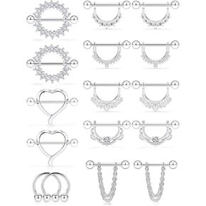 SCERRING 14G Nipple Rings Stainless Steel Nipplerings Tongue Barbell Ring Bars Retainer Body Piercing Jewelry for Women Men Heart CZ 4-8 Pairs