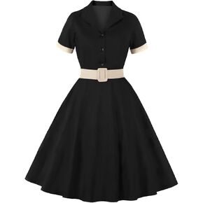 Women Notch Lapel Vintage V-Neck Cocktail Swing Dress 50s 60s Button up 1950s Rockabilly Prom Midi Evening Dress with Pockets