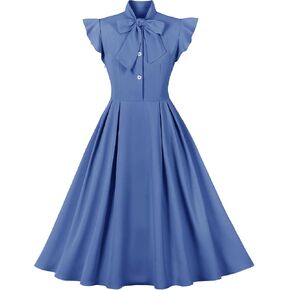 Women Notch Lapel Vintage V-Neck Cocktail Swing Dress 50s 60s Button up 1950s Rockabilly Prom Midi Evening Dress with Pockets in Saudi Arabia