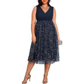 Pinup Fashion Plus Size Dresses for Women Wedding Guest V Neck Sleeveless Contrast Mesh Evening Midi Dress