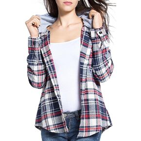 BOMDEALS Classic Plaid Cotton Hoodies for Women - Flannel Long Sleeve Button-Up Drawstring Shirt with Pockets Casual Outfits