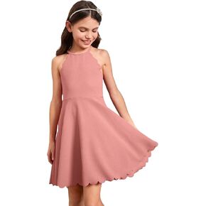 WDIRARA Girl's Halter Neck Scallop Trim Sleeveless A Line Flared Party Mini Dress