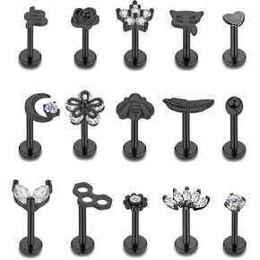 NICEIGHT 15PCS 16G 316L Stainless Steel Cartilage Earring Stud Internal Thread CZ Flower Moon Labret Studs Tragus Helix Monroe Piercing Jewelry 8MM