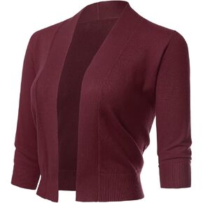 Women's 3/4 Sleeve Open Front Cropped Bolero Cardigan Shrug Sweater