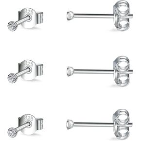 Sterling Silver Stud Earrings for Women Men Girls- 3 Pairs of Tiny Round Cubic Zirconia Earrings CZ Small Cartilage Tragus Earrings(2mm/3mm/4mm)