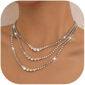 Sixexey Layered Rhinestone Necklaces Silver Crystal Necklace Chains Sparkly Party Necklace Jewelry for Women and Girls
