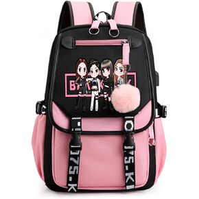 Kpop Backpack Black，Pink Shouler Bag Messenger Bag Fashion USB Charging Backpack (black 5)