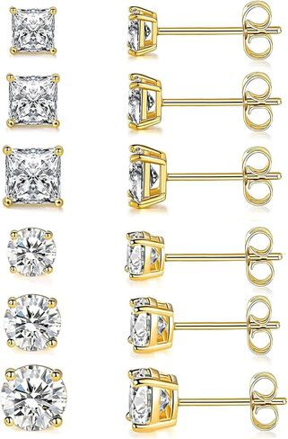 18K Gold Plated Round Princess Cut Clear Cubic Zirconia Stud Earring of 6 Pairs (6 Pairs) in Saudi Arabia