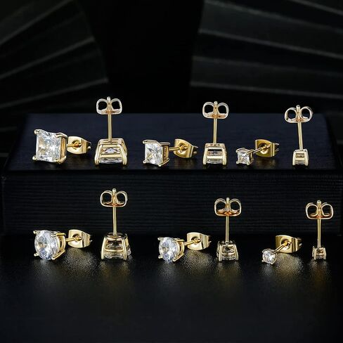 18K Gold Plated Round Princess Cut Clear Cubic Zirconia Stud Earring of 6 Pairs (6 Pairs) in Saudi Arabia