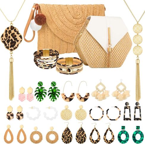 20 Pcs Boho Straw Purses Bags Jewelry Set, Woven Summer Shoulder Crossbody Bag Acrylic Rattan Earrings Statement Leopard Bracelet Tassel Necklace for Women Girls in Saudi Arabia