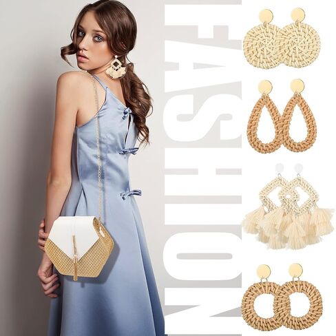 20 Pcs Boho Straw Purses Bags Jewelry Set, Woven Summer Shoulder Crossbody Bag Acrylic Rattan Earrings Statement Leopard Bracelet Tassel Necklace for Women Girls in Saudi Arabia