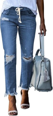 Sidefeel Women Pull-on Distressed Denim Joggers Elastic Waist Stretch Pants in Kuwait