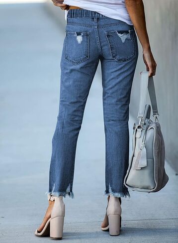 Sidefeel Women Pull-on Distressed Denim Joggers Elastic Waist Stretch Pants in Kuwait