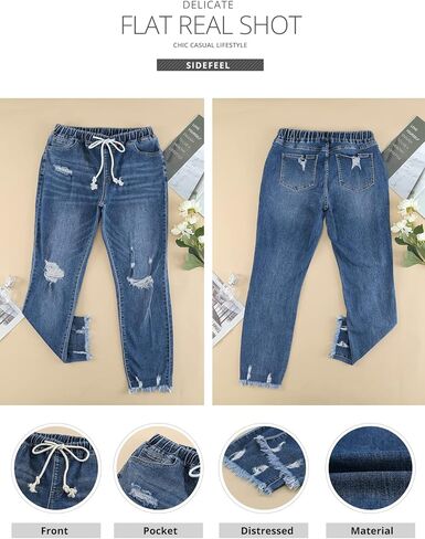 Sidefeel Women Pull-on Distressed Denim Joggers Elastic Waist Stretch Pants in Kuwait