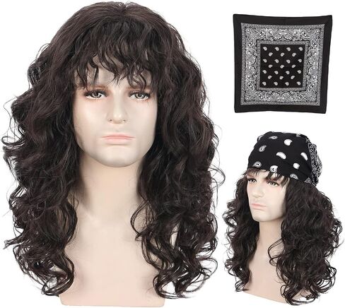 karlery Men Long Brown Wave Wig with Bandana 80s Heavy Metal Punk Rocker Costume Wig Eddie Wig Cosplay Party Wig in Kuwait
