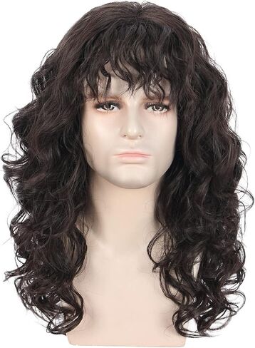 karlery Men Long Brown Wave Wig with Bandana 80s Heavy Metal Punk Rocker Costume Wig Eddie Wig Cosplay Party Wig in Kuwait