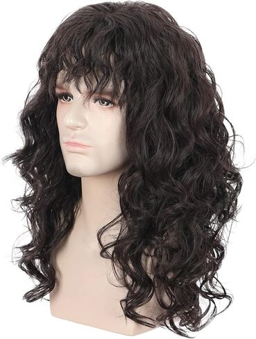 karlery Men Long Brown Wave Wig with Bandana 80s Heavy Metal Punk Rocker Costume Wig Eddie Wig Cosplay Party Wig in Kuwait