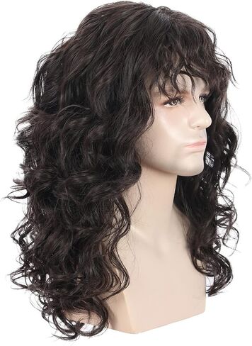 karlery Men Long Brown Wave Wig with Bandana 80s Heavy Metal Punk Rocker Costume Wig Eddie Wig Cosplay Party Wig in Kuwait