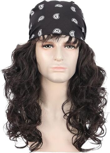 karlery Men Long Brown Wave Wig with Bandana 80s Heavy Metal Punk Rocker Costume Wig Eddie Wig Cosplay Party Wig in Kuwait