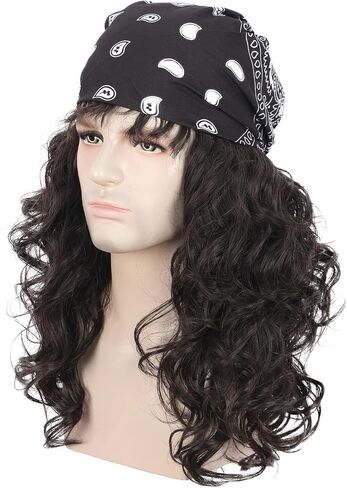 karlery Men Long Brown Wave Wig with Bandana 80s Heavy Metal Punk Rocker Costume Wig Eddie Wig Cosplay Party Wig in Kuwait