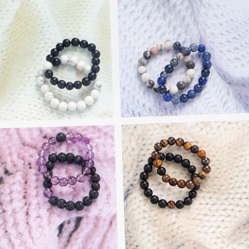 Lepida Natrual Stone Beads Rings for Couples Gift Beaded Stretch Match Ring Bf Gf Long Distance Valentine's Day Present for Boyfriend Girlfriend in Kuwait