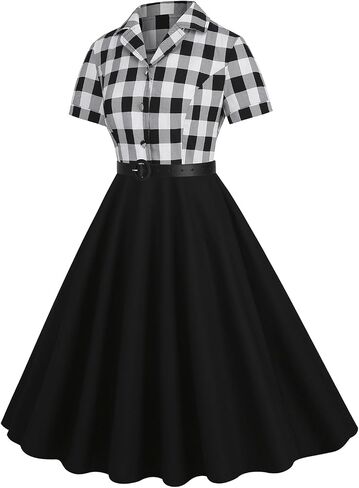 Women Short Sleeve 1950s Retro Vintage Cocktail Party Swing Dress Polka Dot Audrey Dress Casual A-Line Work Dress with Belt in Kuwait
