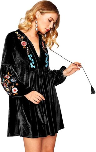 Aofur المرأة البوهيمي خمر مطرزة المخملية الربيع التحول فستان قصير كم طويل بلايز عادية بلوزة in Kuwait