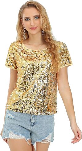 Womens Full Sequin Sparkle Tops Shimmer Glitter Round Neck Short Sleeve Shirt Summer Disco Party Tee Shirts Tunic Blouse in Kuwait