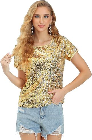 Womens Full Sequin Sparkle Tops Shimmer Glitter Round Neck Short Sleeve Shirt Summer Disco Party Tee Shirts Tunic Blouse in Kuwait