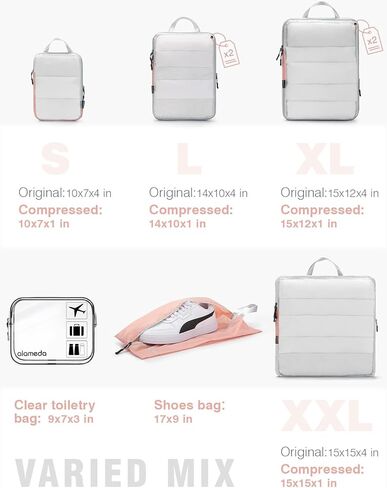 مجموعة ألاميدا 8 مكعبات تعبئة مضغوطة للسفر، منظمات حقائب أمتعة السفر قابلة للتوسيع مع شبكة شفافة 8 قطع باللون الأزرق in Kuwait