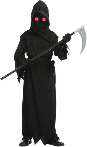 زي الهالوين غريم ريبر مع عيون حمراء متوهجة ومنجل للأولاد والبنات، زي فانتوم مخيف لحفلات الهالوين التنكرية in Kuwait