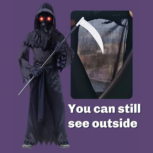 زي الهالوين غريم ريبر مع عيون حمراء متوهجة ومنجل للأولاد والبنات، زي فانتوم مخيف لحفلات الهالوين التنكرية in Kuwait