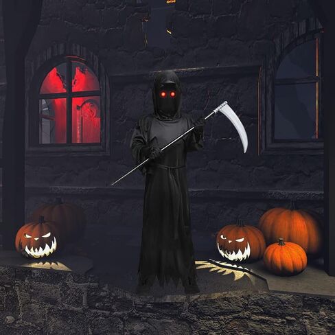 زي الهالوين غريم ريبر مع عيون حمراء متوهجة ومنجل للأولاد والبنات، زي فانتوم مخيف لحفلات الهالوين التنكرية in Kuwait