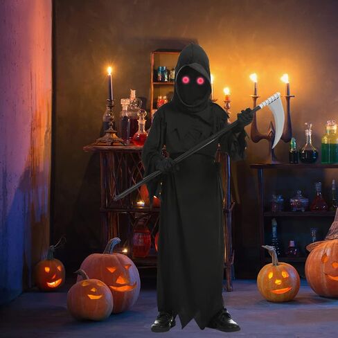 زي الهالوين غريم ريبر مع عيون حمراء متوهجة ومنجل للأولاد والبنات، زي فانتوم مخيف لحفلات الهالوين التنكرية in Kuwait