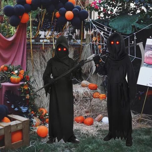 زي الهالوين غريم ريبر مع عيون حمراء متوهجة ومنجل للأولاد والبنات، زي فانتوم مخيف لحفلات الهالوين التنكرية in Kuwait