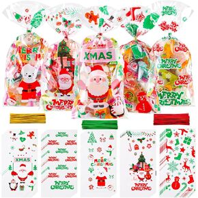 FUSHENMU 180 قطعة من أكياس علاج السيلوفان لعيد الميلاد، أكياس حلوى هدية تشيلو جودي الشفافة لعيد الميلاد مع أربطة ملتوية لمستلزمات حفلات عيد الميلاد in Kuwait