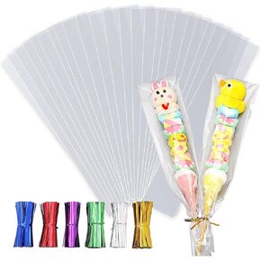 LEOSINDA 50 Pcs Clear Cellophane Bags,12"X 18" Large Clear Cellophane Gift Bags with 6 Mix Colors Twist Ties for Gift Baskets Wedding,Chocolate,Party Favor Baby Showers,Bakery,Toy Wrapping