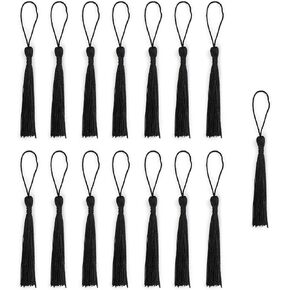 Sowaka 15 Pcs Silky Handmade Tassels Mini Soft Floss Bookmark Tassels with Loop for Souvenir DIY Craft Project Jewelry Making Chinese Knot Supplies Accessories Sewing Keychain (Black)