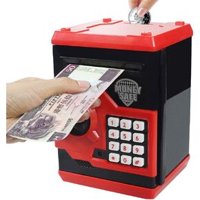 Sikaye Piggy Banks Best Gift for Kids Children Electronic Code Lock Money Banks with Password Mini ATM Money Save for Paper Money and Coins, Great for Boys & Girls (Black/Red)