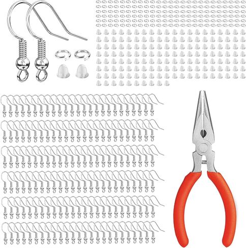 Aiythouy® 150 Pcs/75 Pairs Silver Earring Hooks, 451 Pcs Earring Making Supplies Kit with Jewelry Pliers, Jump Rings and Earring Backs for Jewelry Making, Hypoallergenic Fish Hook Earrings Wires in Saudi Arabia