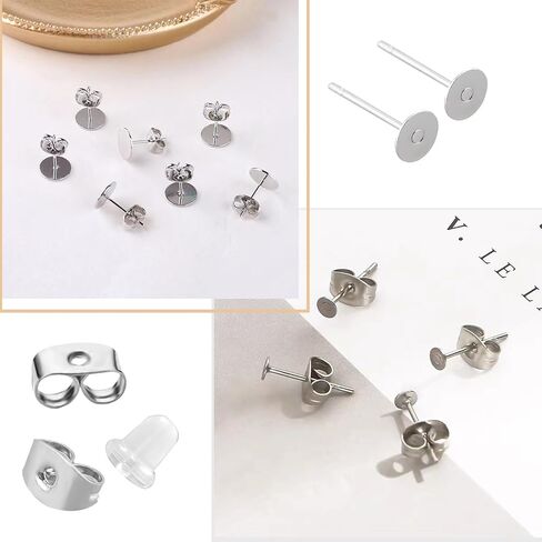 1200 PCS 5MM Hypoallergenic Stainless Steel Earrings Posts Flat Pad Blank Earring Pin Studs with Butterfly Earring Backs and Silicone Bullet Earring Backs for Jewelry Making Findings in Kuwait