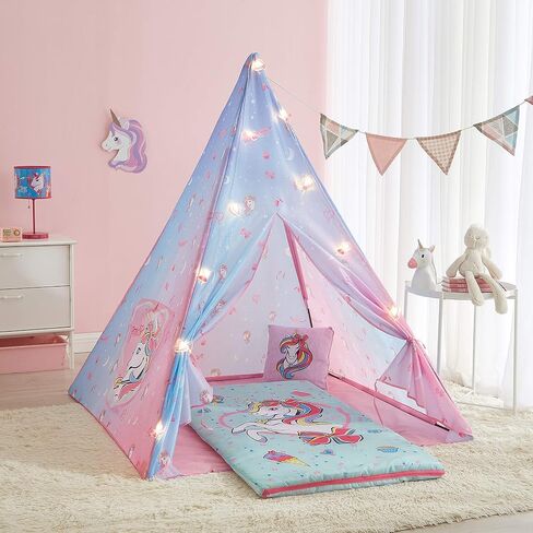 مجموعة Nickelodeon JoJo Siwa المكونة من 4 قطع من Teepee Slumber مع خيمة Teepee وحقيبة نوم ووسادة يونيكورن مزخرفة وسلسلة أضواء in Saudi Arabia