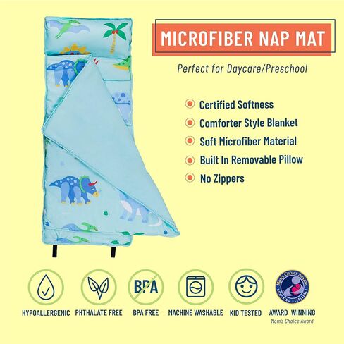 Wildkin Microfiber Nap Mat with Pillow for Toddler Boys and Girls, Measures 50 x 20 x 1.5 Inches, Ideal for Daycare and Preschool, Mom's Choice Award Winner (Jurassic Dinosaurs) in Kuwait
